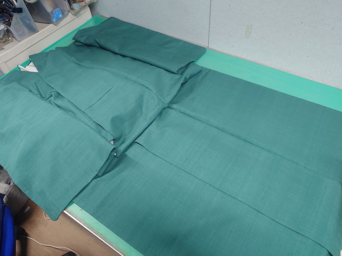 ● 129 紬 一つ紋 桐紋 落ち着きある くすみグリーン系 粋 お洒落 身丈158cm 色無地 着物 ヤマト 誂製 中古 ③拍卖