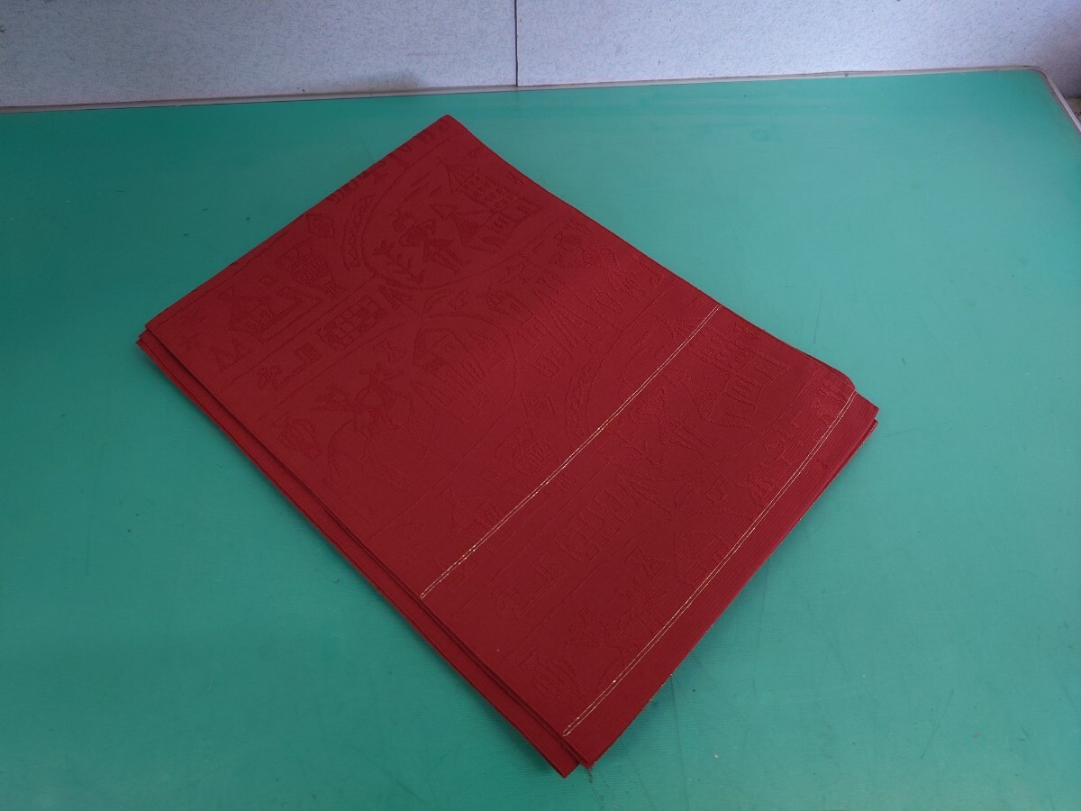 ●109 Wool Tex. Queen Belt. Nisijin Sikoen 西陣織 壁画風 くすみ 濃い オレンジ 赤茶 系 一重 帯 名古屋帯 中古 美品 ③拍卖