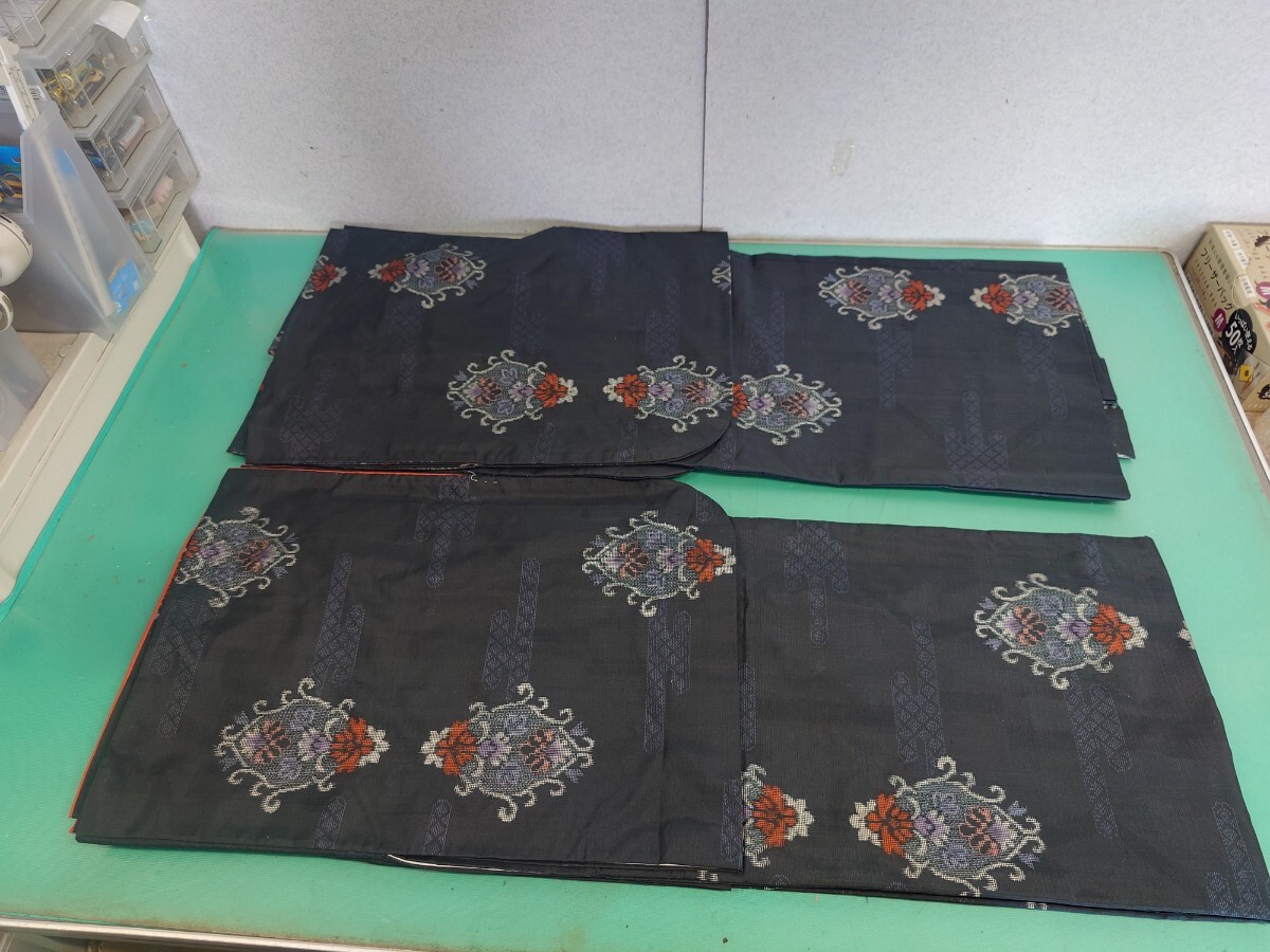 ●152 高級 大島紬 アンサンブル 羽織 セット 花 模様 柄 黒地 同窓会 観劇 美術館 ショッピング オシャレ着 レトロ アンティーク 美品 ③拍卖