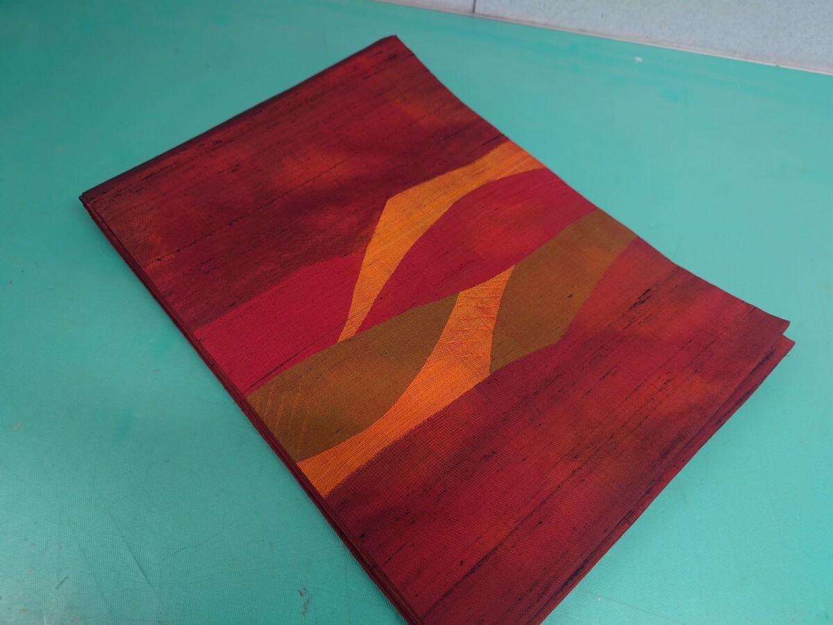 ● 118 伝統 工芸 美術品 紬 赤 黄色 緑 白 和カラー 帯 名古屋帯 リメイク コスプレ 中古 ③拍卖