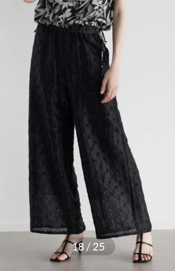 Vin(ヴァン)Ample ドット刺繍楊柳ワイドパンツ ブラック ワイドパンツ 黒 ヤマダヤ 拍卖