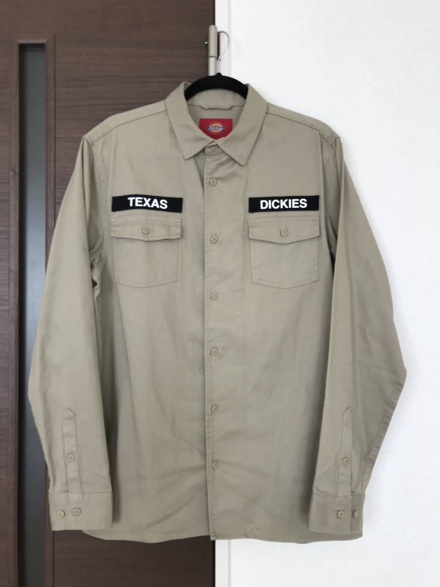 美品 Dickies ディッキーズ ワークシャツ 長袖 カーキ ベージュ ボックスシルエット キャンプ バイク乗りにも拍卖