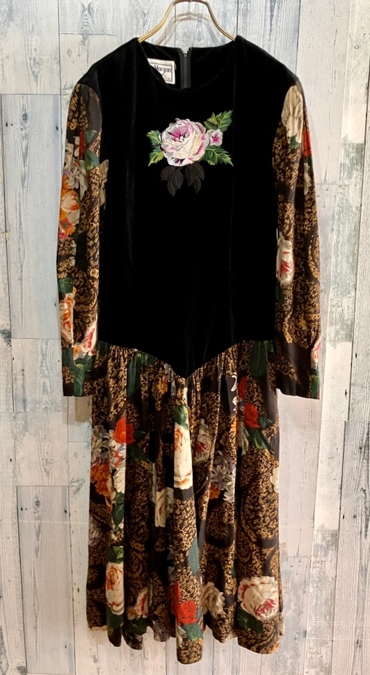 ヴィンテージ DONNA MORGAN ドナモーガン ベロア花柄刺繍ワンピース 80s90s拍卖