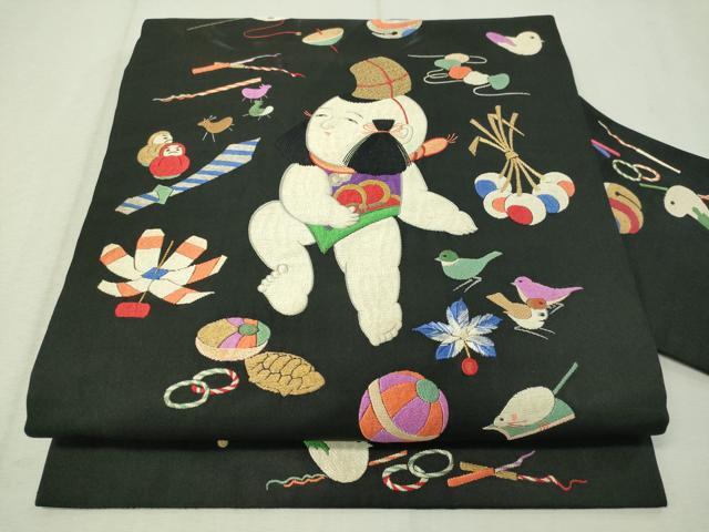 平和屋着物●アンティーク 大正ロマン 総刺繍 九寸名古屋帯 唐子遊び 黒地 金銀糸 正絹 逸品 CAAW5673vp拍卖