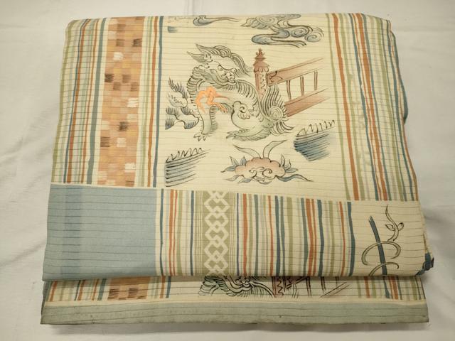 平和屋着物*夏物 アンティーク 大正ロマン 両面 全通柄 京袋帯 手描き 駒刺繍 唐獅子 正絹 逸品 CAAV6262oy拍卖