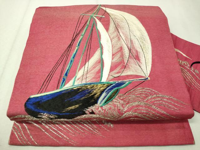 平和屋着物●アンティーク 大正ロマン 総刺繍 九寸名古屋帯 立波船文 金銀糸 正絹 逸品 CAAW5855vp拍卖