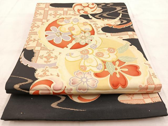 平和屋着物◎アンティーク 大正ロマン 全通柄 京袋帯 吉祥雪輪花文 黒地 正絹 逸品 BAAU2960yc拍卖