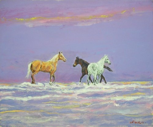【真作】今川和男「仲間」 油彩 8F 水辺で遊ぶ3頭の馬たち。楽しそうですね。【価格相談可・信頼と実績・正光画廊】T拍卖