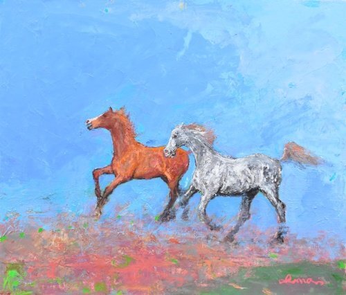 【真作】今川和男「走」油彩 10F  力強く並走する馬二頭 未来に向かって走れ!!【価格相談可・信頼と実績・正光画廊】T拍卖