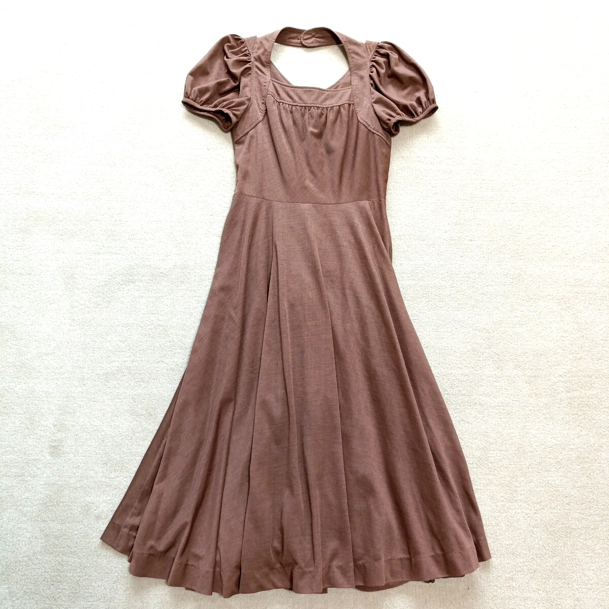 ジュネ Genet 日本製 ワンピース 半袖 ロング 膝下 ブラウン 茶色 Aライン フレアー ドレス パーティー 結婚式 フォーマル М 拍卖