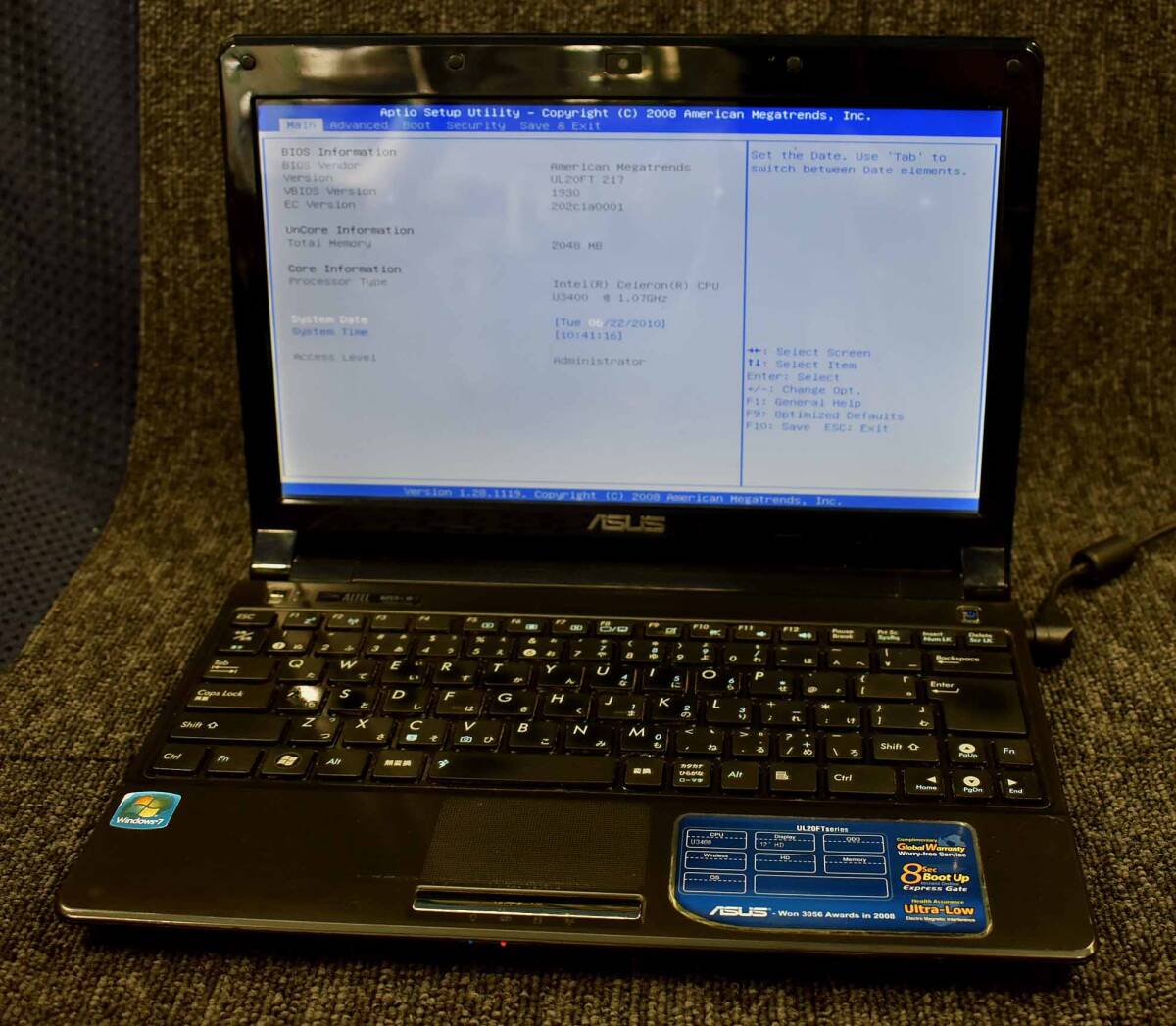 起動確認済み(ジャンク扱い) ASUS UL20FT CPU:Celeron U3400 RAM:2G HDD:無し ※本体のみ (管:KP933拍卖