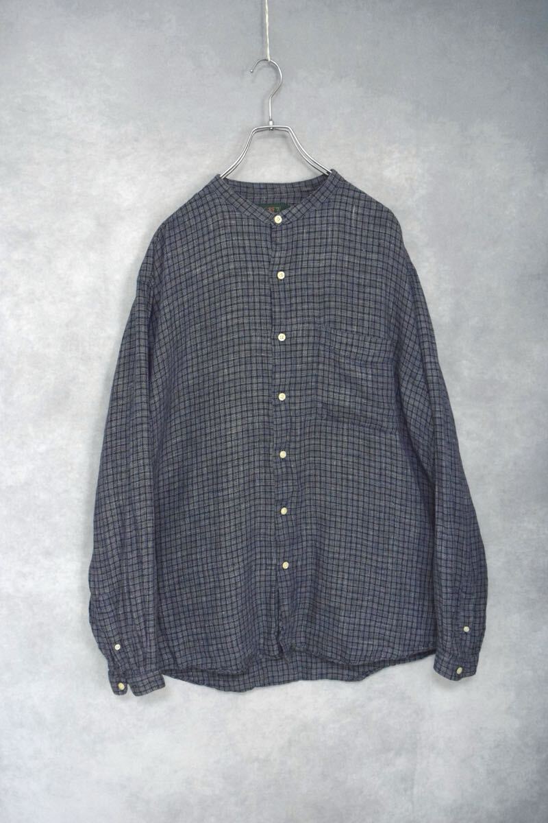 【 ジェイクルー 巨人タグ 】90s J.crew 100% リネン スタンドカラー シャツ / size L / 90年代 チェックシャツ バンドカラー拍卖