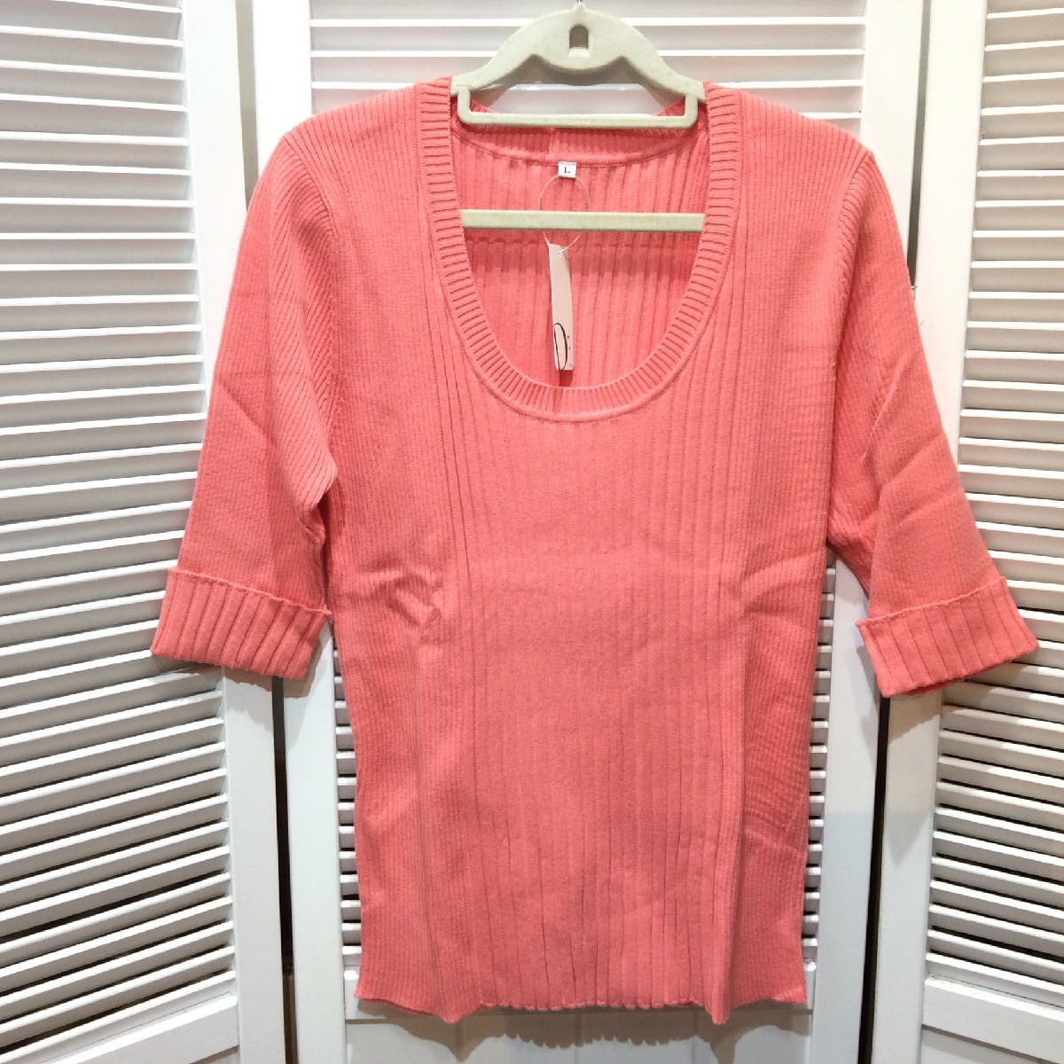 【半額値下げ】新品☆DHC ディーエイチシー レディース 着やせニットUネック L コーラルピンク拍卖