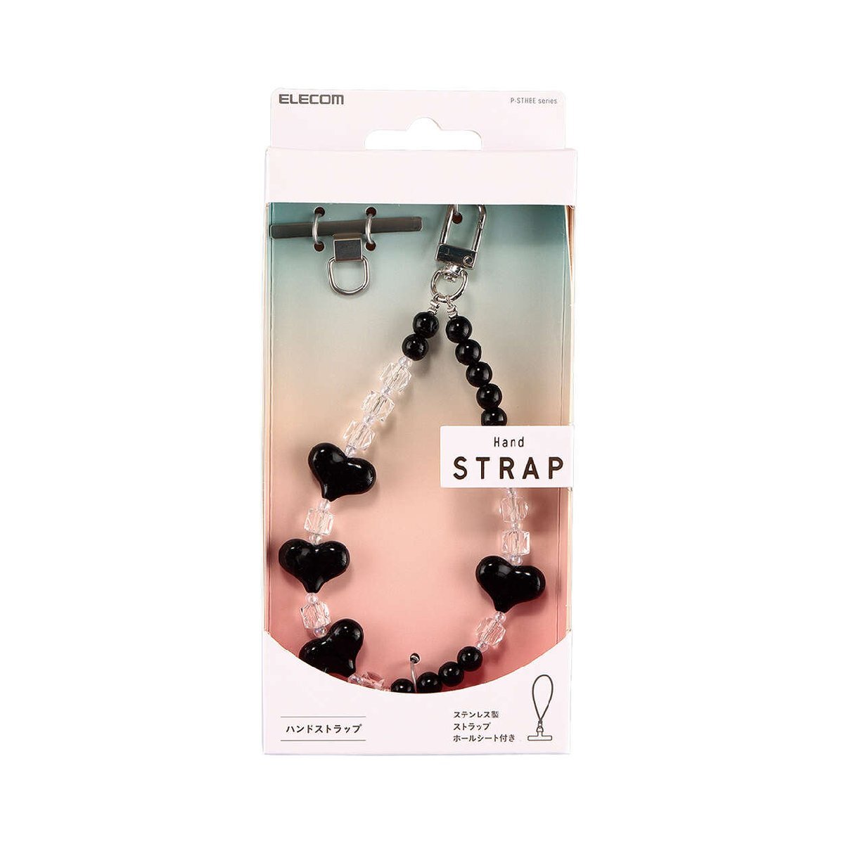 ハンドストラップ ビーズタイプ 不規則に散りばめられたハートチャームが、ほどよい甘さと抜け感を演出: P-STHBEHBK拍卖