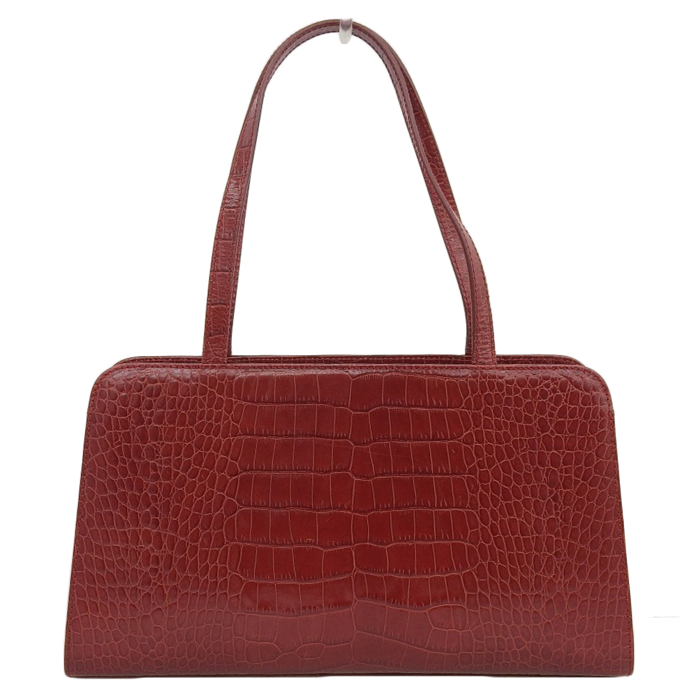 超美品 ラルフローレン 高級レザータグ クロコダイル エンボス レザー ショルダー ハンドバッグ 3ルーム チェリーレッド レディース拍卖