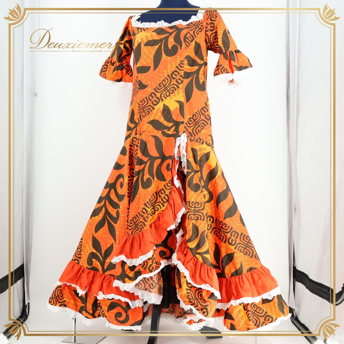 フラダンス 衣装 ワンピース ドレス オレンジ系 フラ ダンス メネフネプランテーション 橙 白 茶 ハワイアン フリル MENEHUNE PLANTETION拍卖