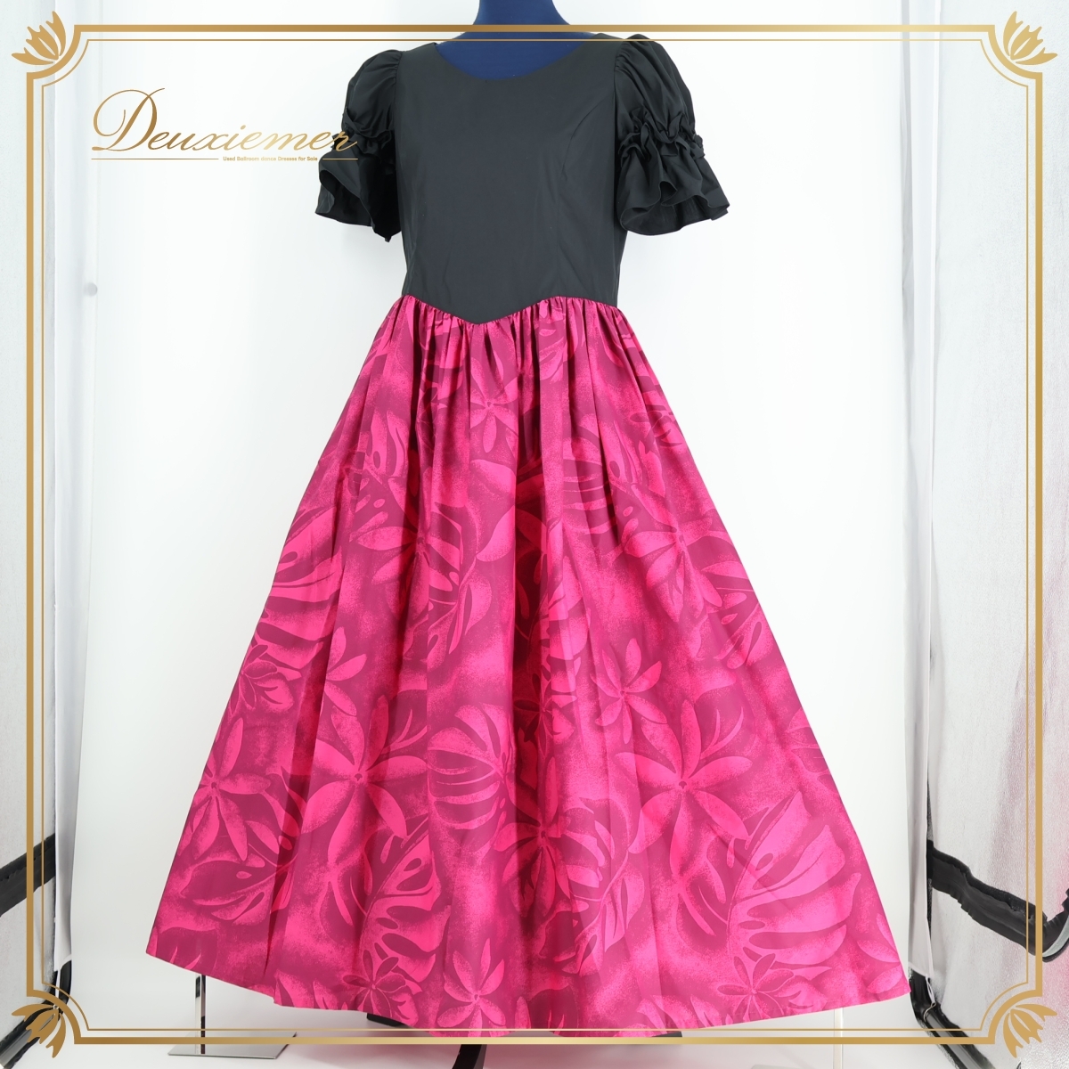 フラダンス 衣装 ワンピース ドレス ブラック系 フラ ダンス マーメイドライン 黒 紫 ハワイアン ティアレ柄 モンステラ柄 花柄 鮮やか ①拍卖