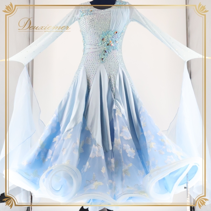 社交ダンス 衣装 スタンダードドレス スタンダード ドレス ワンピース フロート 水色 ブルー系 フリル レース 花柄 デモ 競技用 花柄ドレス拍卖