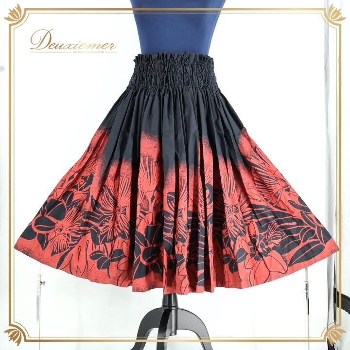 フラダンス 衣装 パウスカート ブラック系 フラ ダンス パウスカートショップ ハワイアン シングル 日本製 黒 赤 レフア柄 鮮やか 華やか拍卖