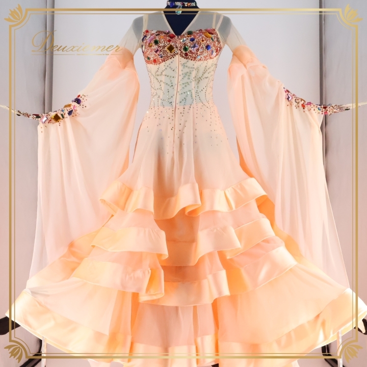 社交ダンス 衣装 スタンダードドレス スタンダード ドレス ワンピース フロート フリル レース ピンク系 デモ 競技 ダンス 発表会 パーティ拍卖