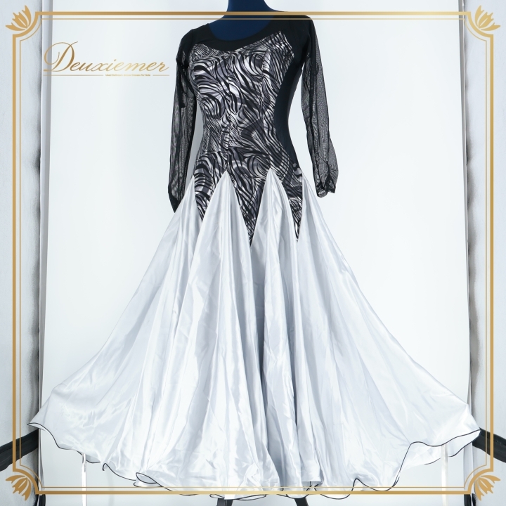 社交ダンス 衣装 スタンダード スタンダードドレス ワンピース パーティ 発表会 シルバー 黒 レース 上品 高級感 ゼブラ アニマル柄拍卖