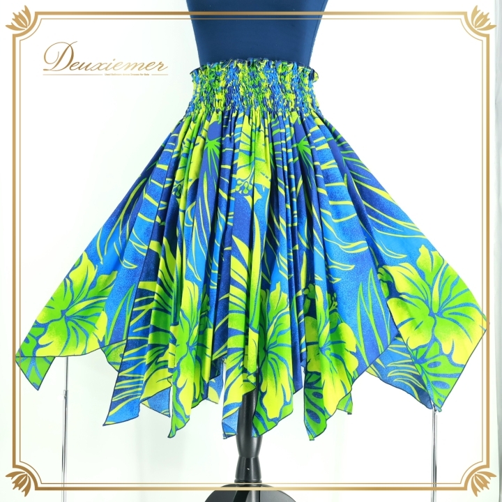 フラダンス 衣装 パウスカート ブルー系 フラ ダンス ハワイアン ハイビスカス柄 シングル 青 緑 鮮やか アロハ 練習 ハワイアンプリント拍卖