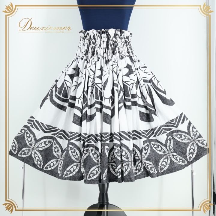 フラダンス 衣装 パウスカート ホワイト系 フラ ダンス シングル ハワイアン 白 黒 ティアレ柄 花柄 アロハ レッスン 練習 ふんわり 華やか拍卖