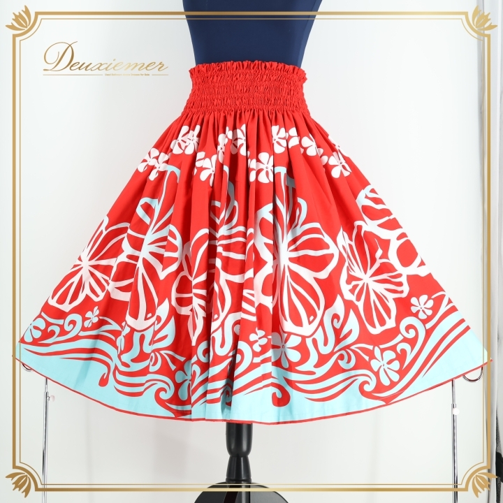 フラダンス 衣装 パウスカート レッド系 フラ ダンス アロハスタンダード シングル 赤 白 水色 花柄 ハワイアン 鮮やか グラデーション拍卖