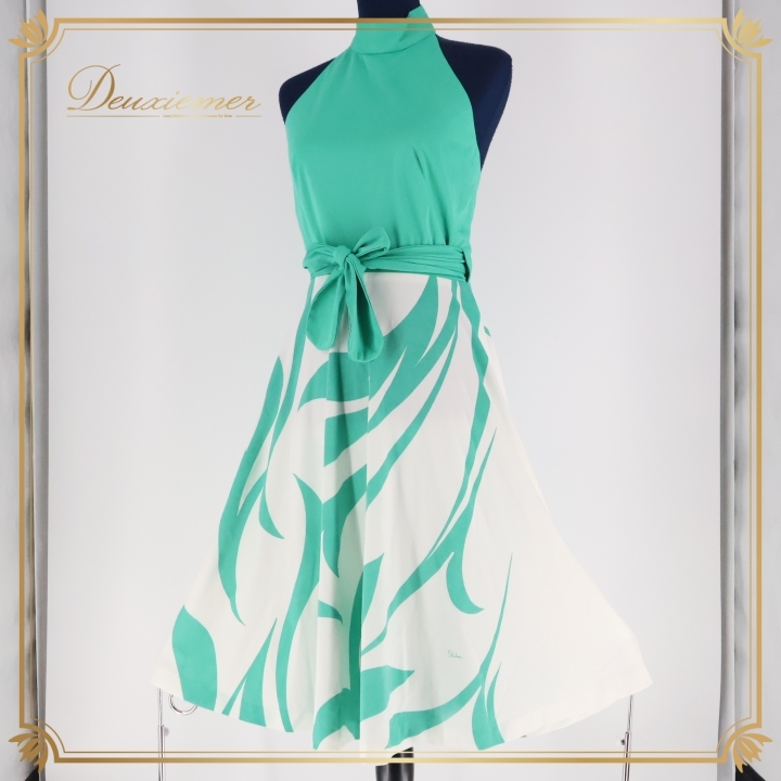 パーティドレス ワンピース ドレス ALFRED Shaheen 白 緑 柄 模様 ホワイト系 グリーン系 パーティ 発表会 イベント 舞台 コスチューム拍卖