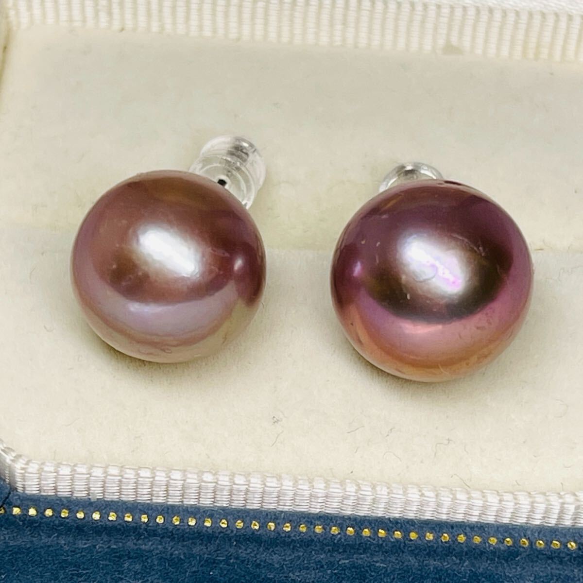 本真珠ピアス エジソンパール シルバー 大粒 無調色 メタリックアボカド色 pearl 14mm光沢抜群 照り艶抜群 jewelry ワインレッド拍卖