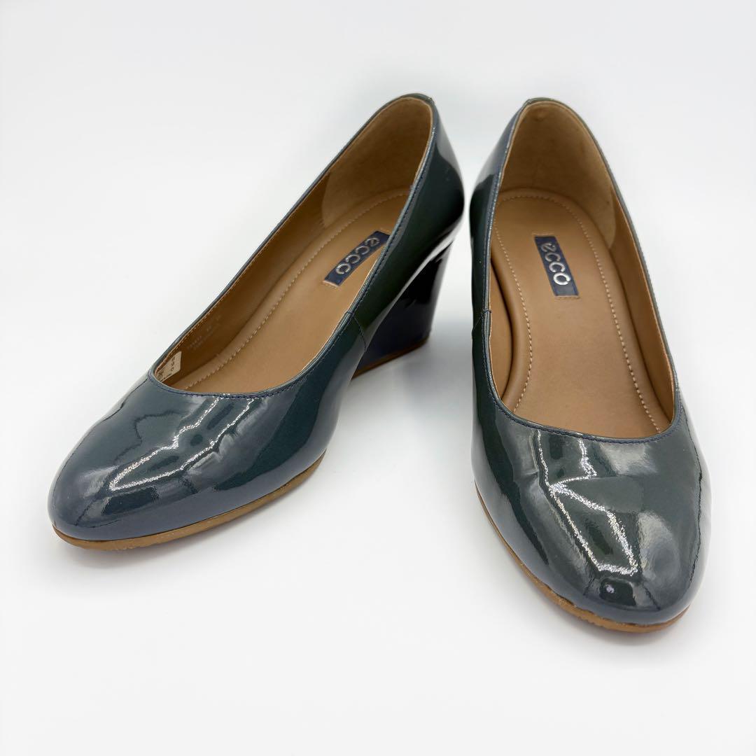 ECCO ウェッジソール エナメル パンプス グリーン 23 コンフォートシューズ パテントレザー ラウンドトゥ レディース ユニセックス拍卖