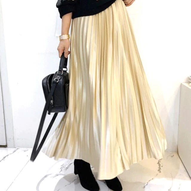 未使用 フォ-マル 光沢 メタリック ロング プリ-ツ フリ-(F) スカ-ト (SKN9606)拍卖