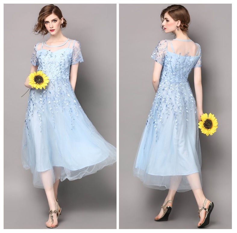 未使用 発表会 舞台衣装 パーティ フォ-マル 花柄 刺繍 レース ミディ丈 M ワンピ-ス (OPN2325)拍卖