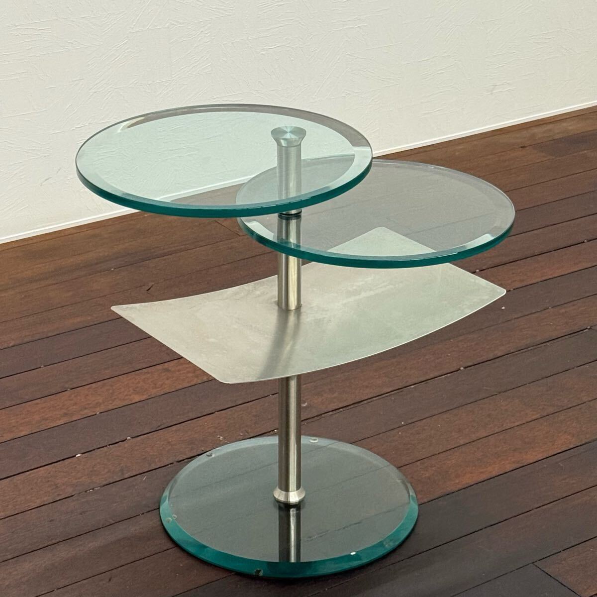 H17K76 展示品 de Sede ガラスコーヒーテーブル アルミ製 ラウンド型 可変調節機能付き ガラス天板 サイドテーブル エンドテーブル 拍卖