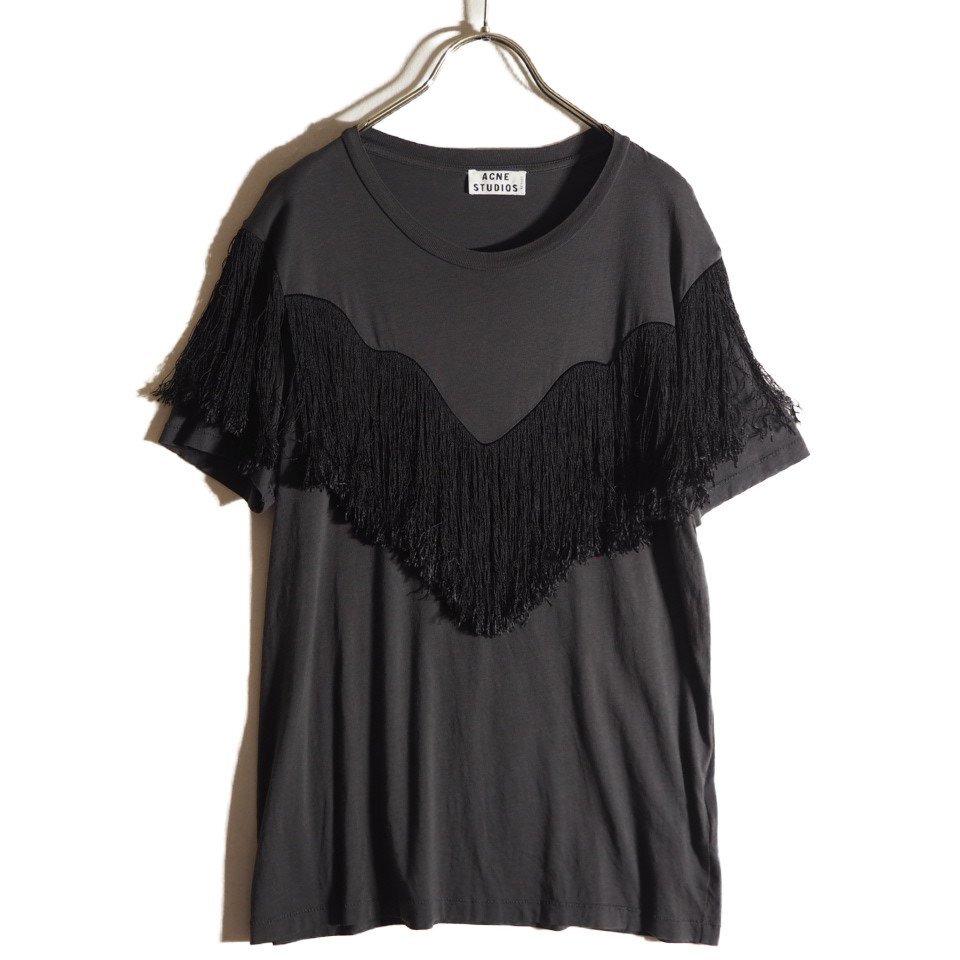 FR6240f67 ▼Acne Studios アクネストゥディオズ▼ Joshi Fringe short sleeved t-shirt レーヨンシルク フリンジ Tシャツ グレー XS 春夏拍卖