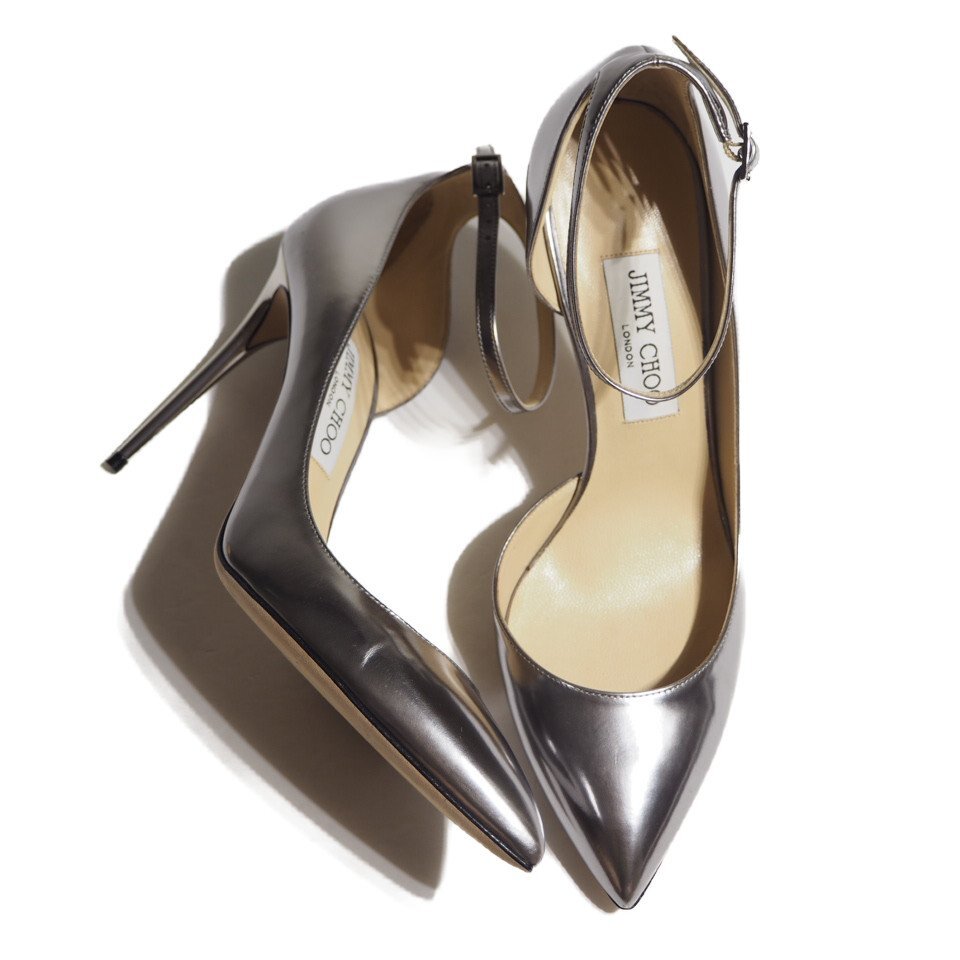 R0992R30 ▼JIMMY CHOO ジミーチュウ▼ アンクルストラップ ハイヒール パンプス メタリックシルバー 39.5/24.5-25cm ポインテッド 春~秋拍卖