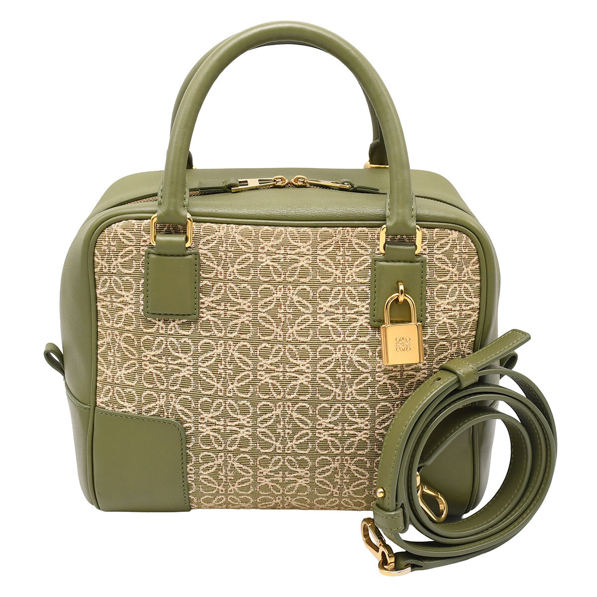 ロエベ LOEWE アマソナ19 アナグラム スクエア 2way ハンドバッグ A039N10X02 カーキ キャンバス レザー レディース 肩掛け 中古拍卖