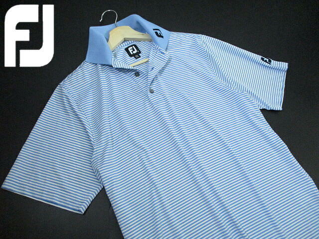 美品!■ 即決 安い! フットジョイ ボーダー柄 ブルー 白 半袖ポロシャツ M~L相当 ゴルフウェア FOOT JOY GOLF ストレッチ メンズ拍卖