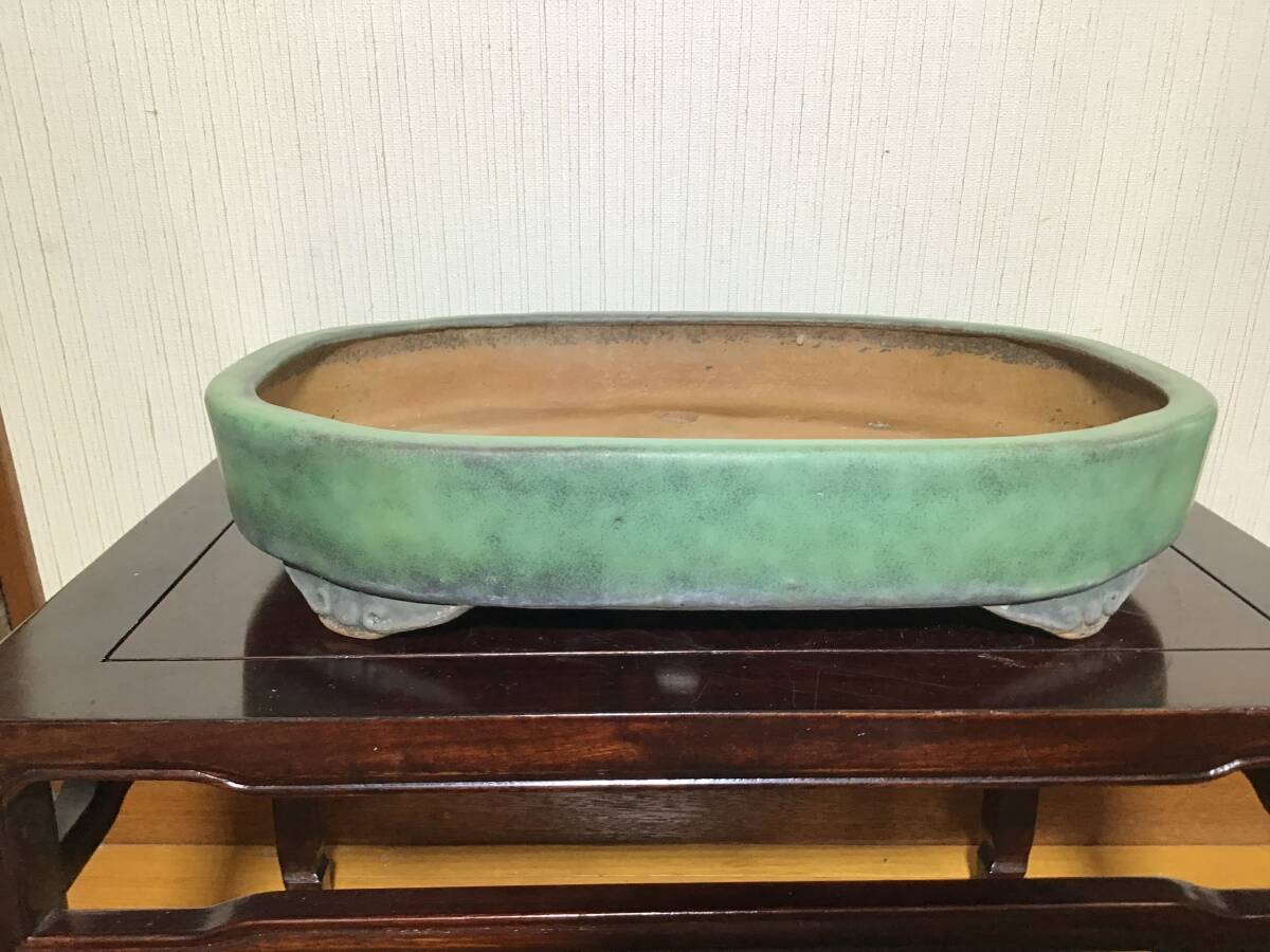 人気常滑作家 義村秀峰作 緑釉雲足楕円鉢 幅約35,3cm拍卖