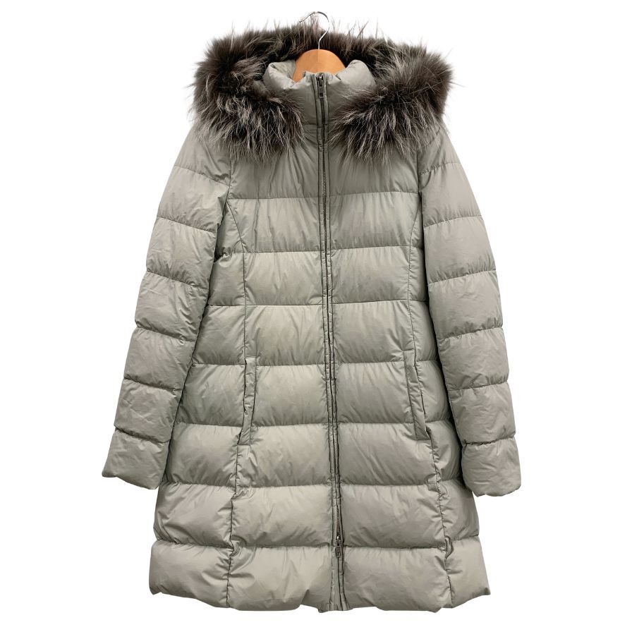 中古◆コート セオリー ダウンコート ハーフ丈 Aライン ラクーン ファー 本毛皮 グレー レディース サイズP Theory 【AFF23】拍卖