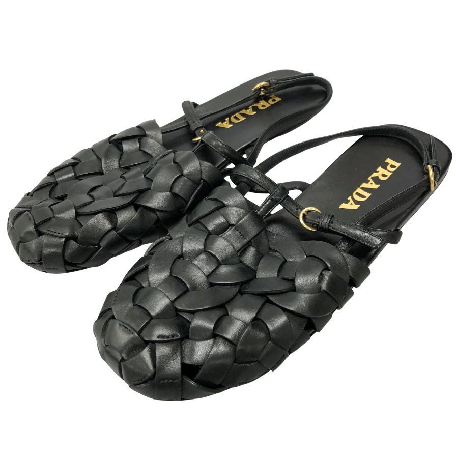プラダ 編み込みサンダル 1S207M レディース サイズ36.5 ブラック PRADA 約23.0cm【AFC29】拍卖