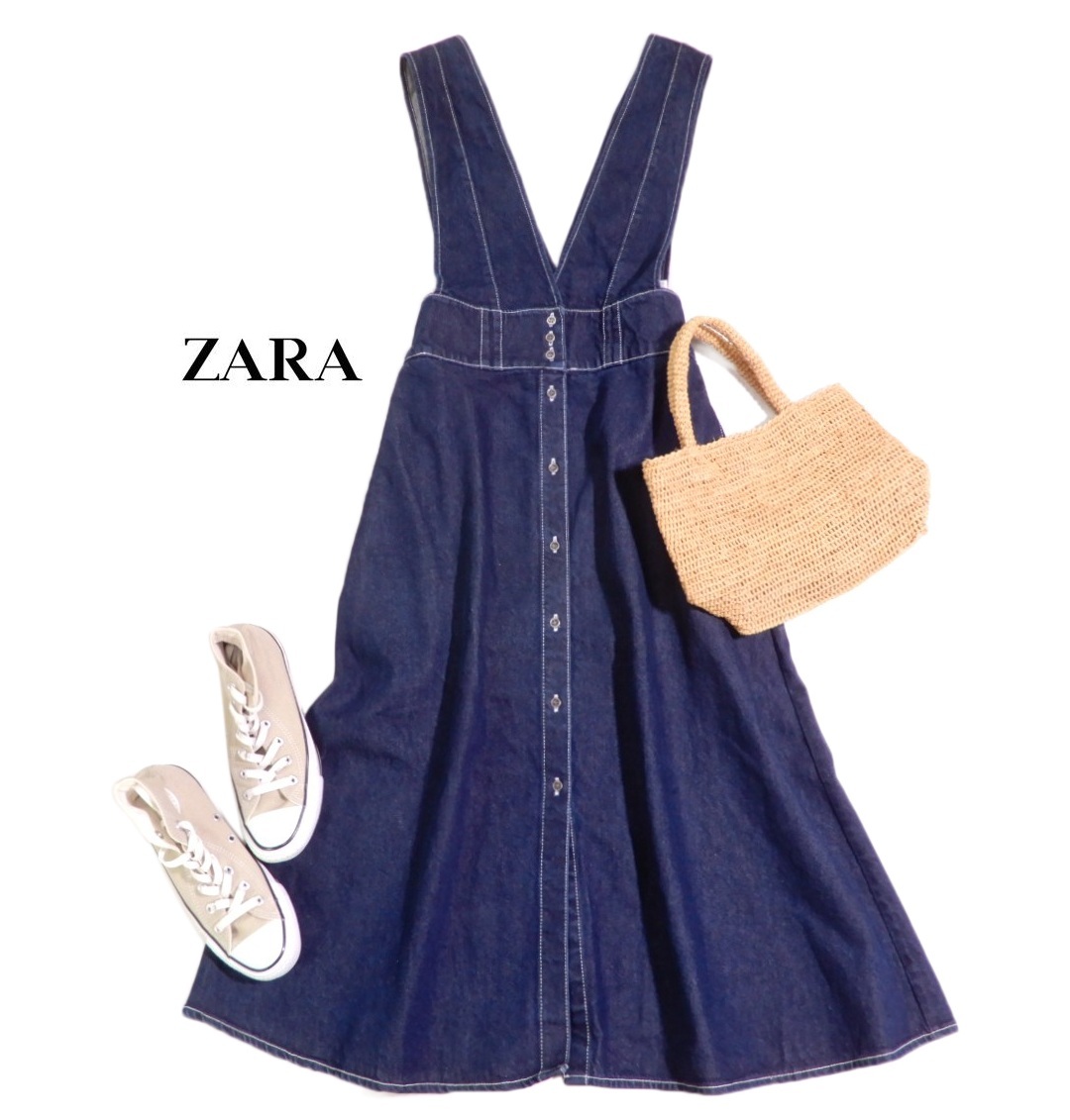 ザラ ZARA 可愛い☆デニム ジャンパースカート フレア ワンピース L拍卖