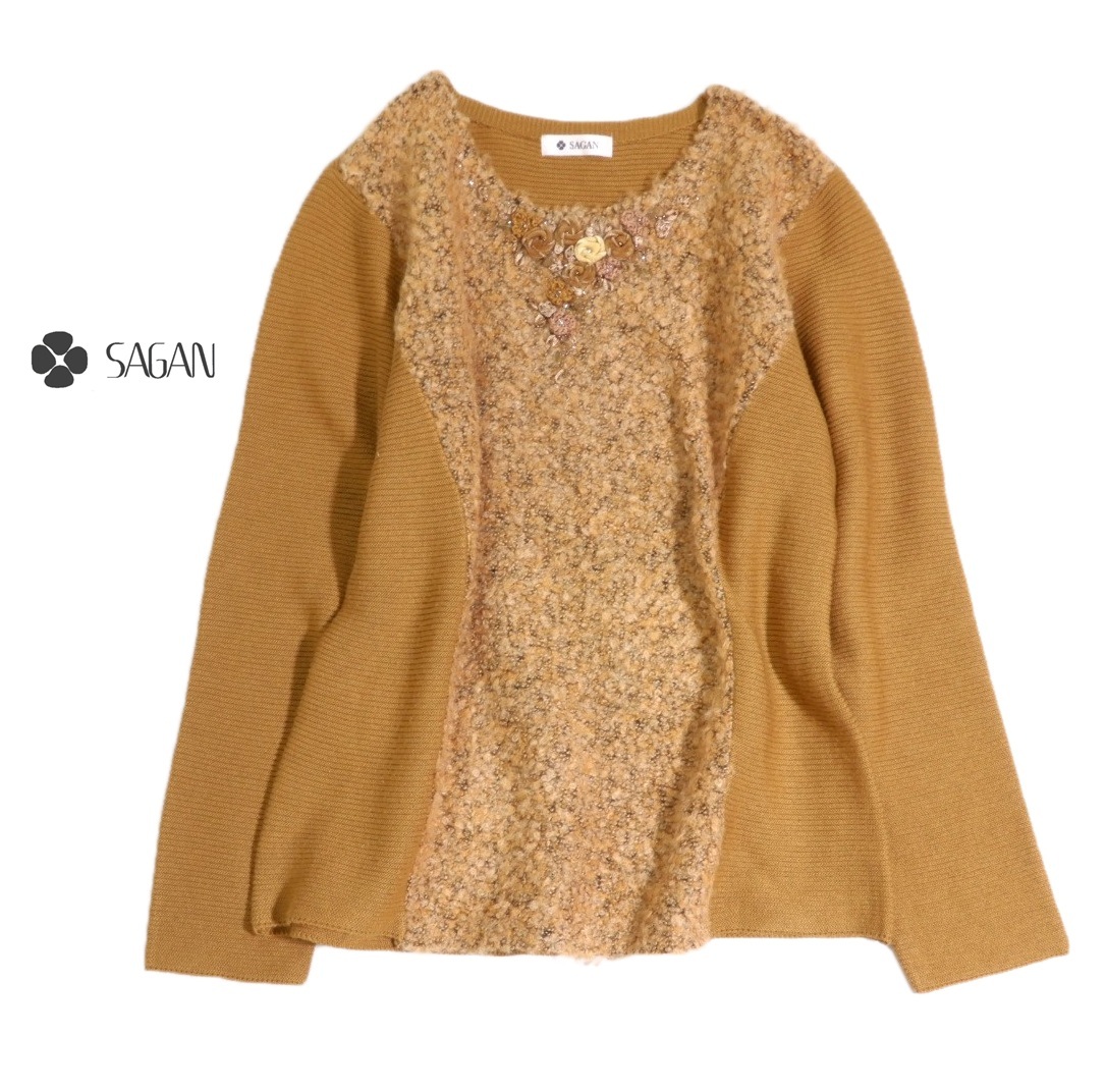 アトリエサガン SAGAN 素敵スタイル☆ 花モチーフ 異素材切り替え ボア ニット カットソー セーター 38~40拍卖