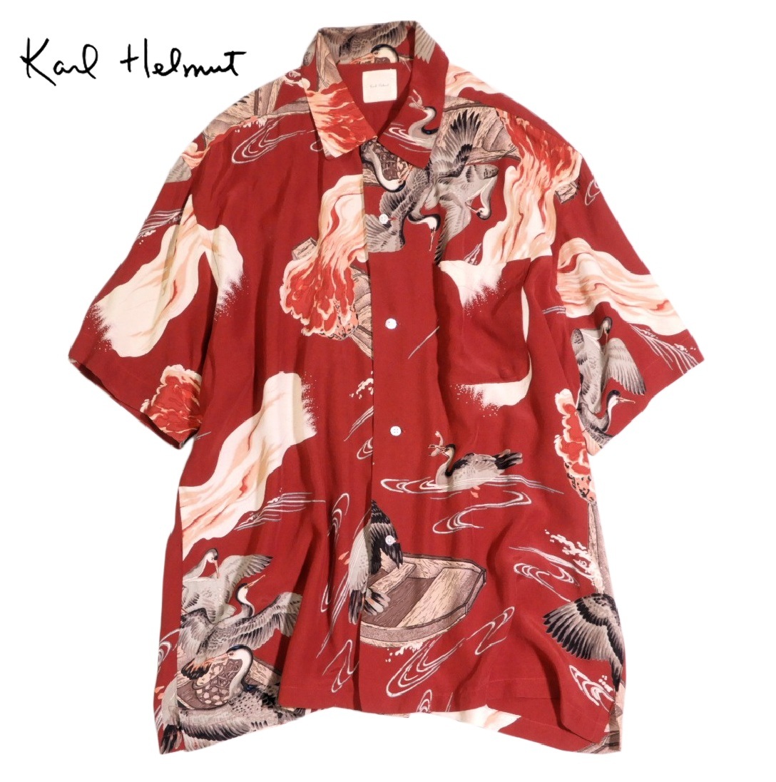 ヴィンテージ カールヘルム Karl Helm 鵜飼 鳥プリント 総柄 アロハ レーヨン シャツ M 古着 レトロ 拍卖