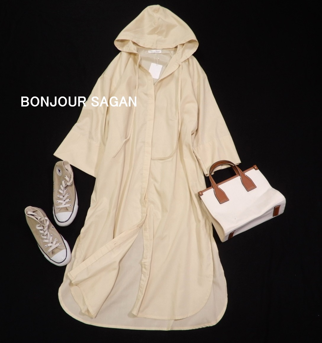 未使用 ボンジュールサガン Bonjour sagan 大人可愛い☆ フーディー 比翼 ロング シャツ ワンピース F 羽織にも拍卖