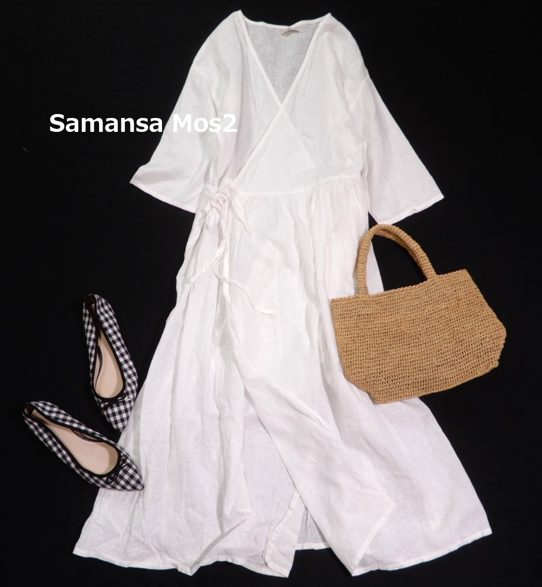 サマンサモスモス samansa mos2 大人可愛い☆ 麻 綿 リネン コットン カシュクール ワンピース M拍卖
