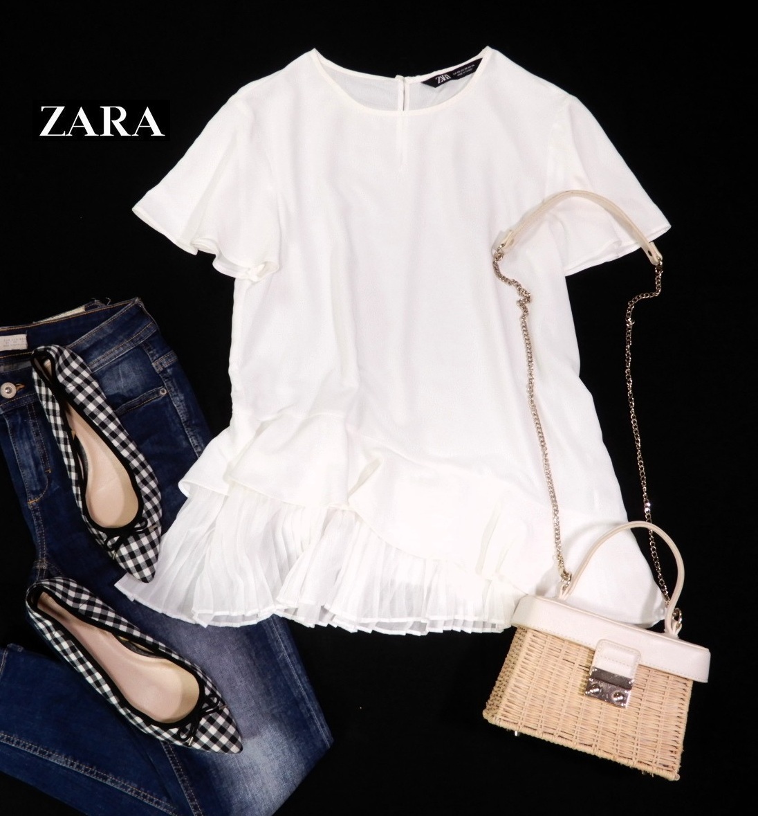 ザラ ZARA 大人可愛い☆ 斜め切り替え フリル プリーツ デザイン プルオーバー ブラウス XS拍卖