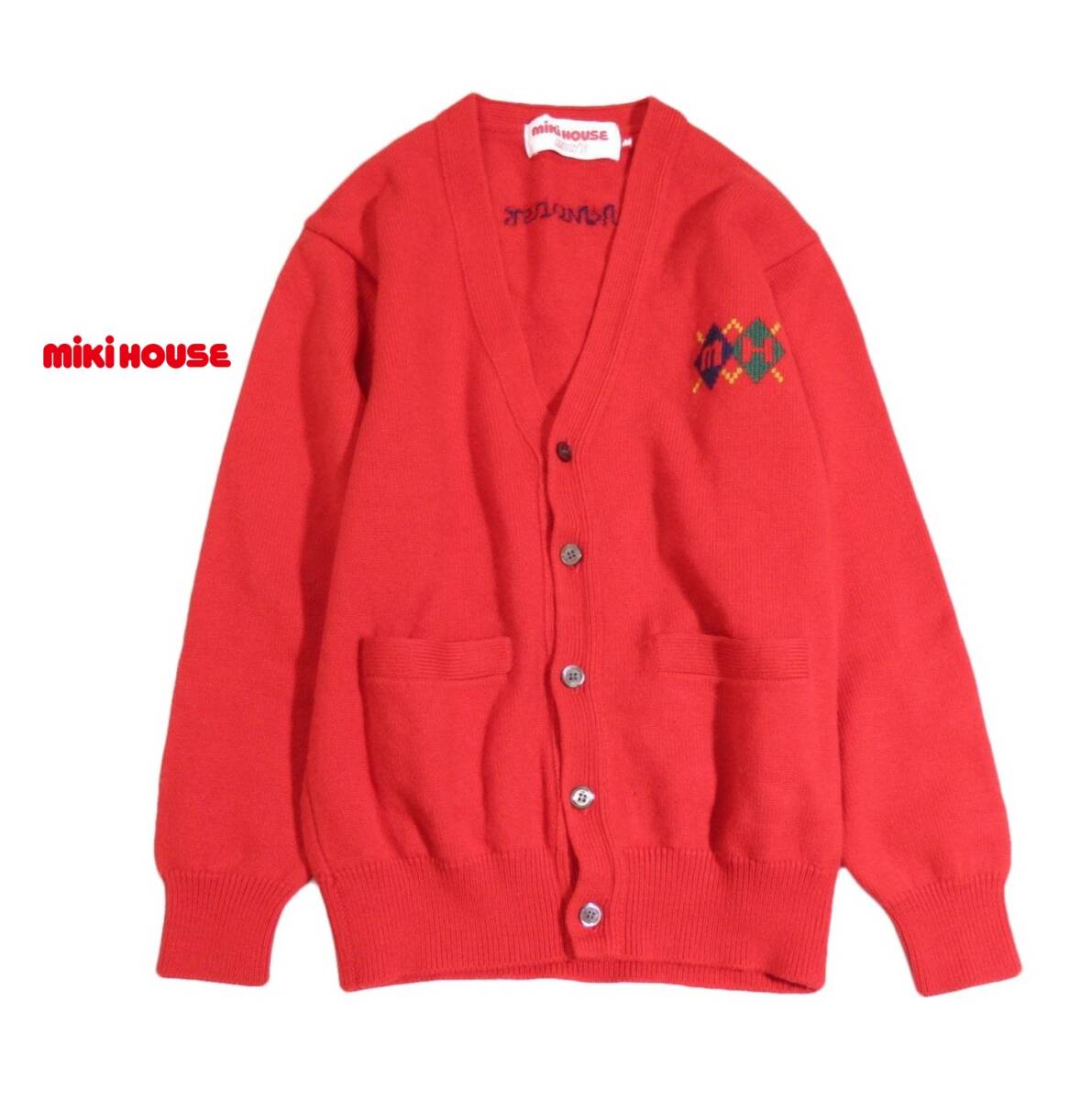 ヴィンテージ ミキハウス mikihouse ロゴ入り◆ ニットカーディガン M レッド レトロ拍卖