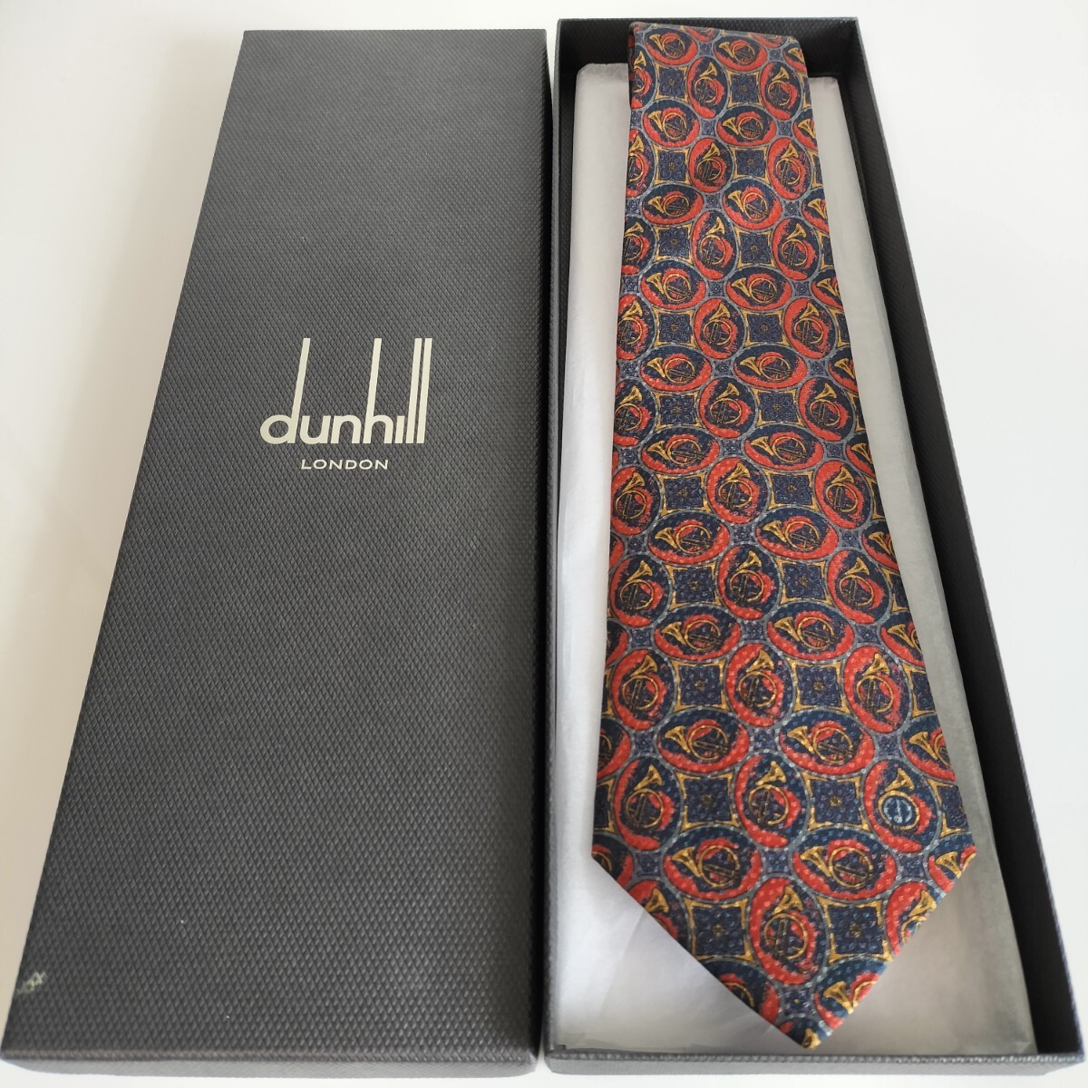 ダンヒル(Dunhill)紺赤ラッパ丸模様Dロゴネクタイ拍卖