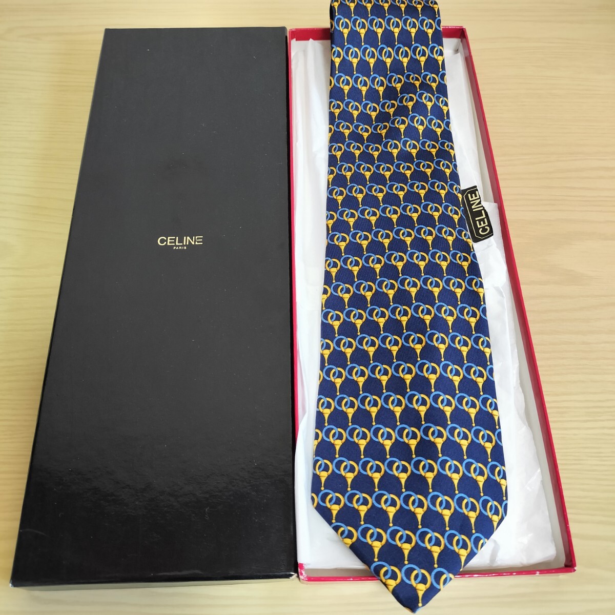 CELINE(セリーヌ)青ゴールド紺リング模様ネクタイ拍卖